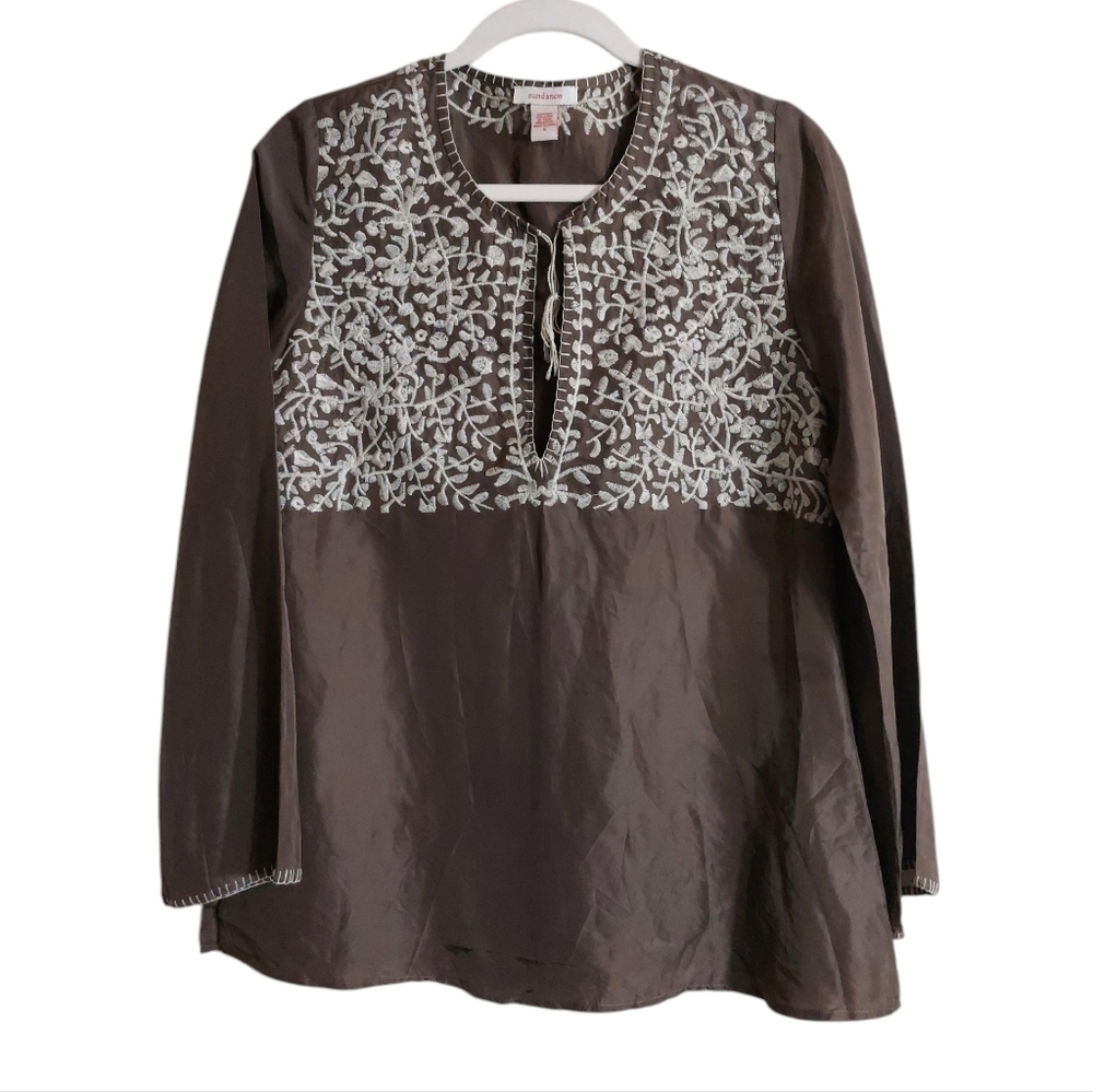 Subdance Long Sleeve Silk Brown Embroidered Tunic Top- size S